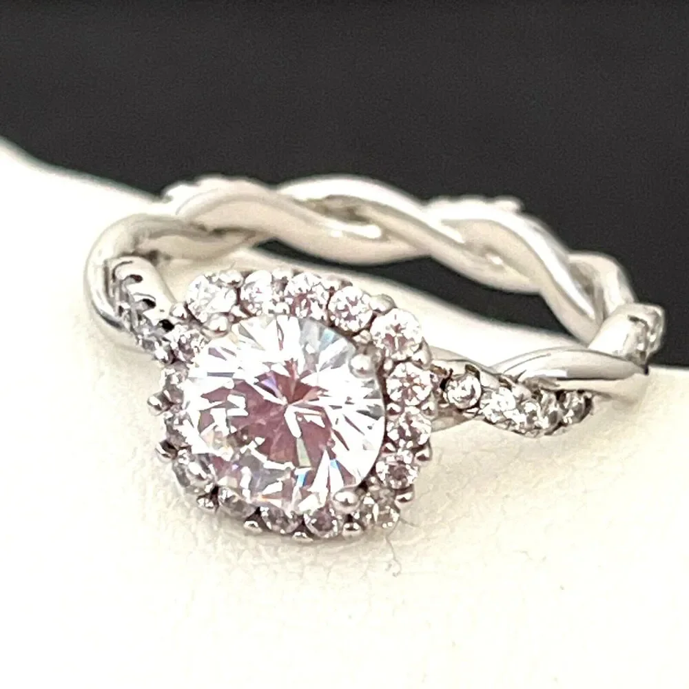 New Sterling Silver Ring 925 CZ Halo Twist Band Engagement Size 7 - 1E
